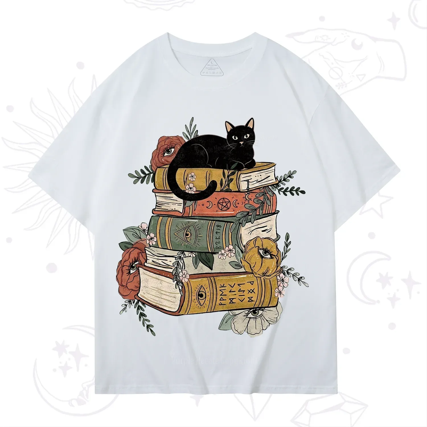 Purplehecate Black Cat on Books T-Shirt