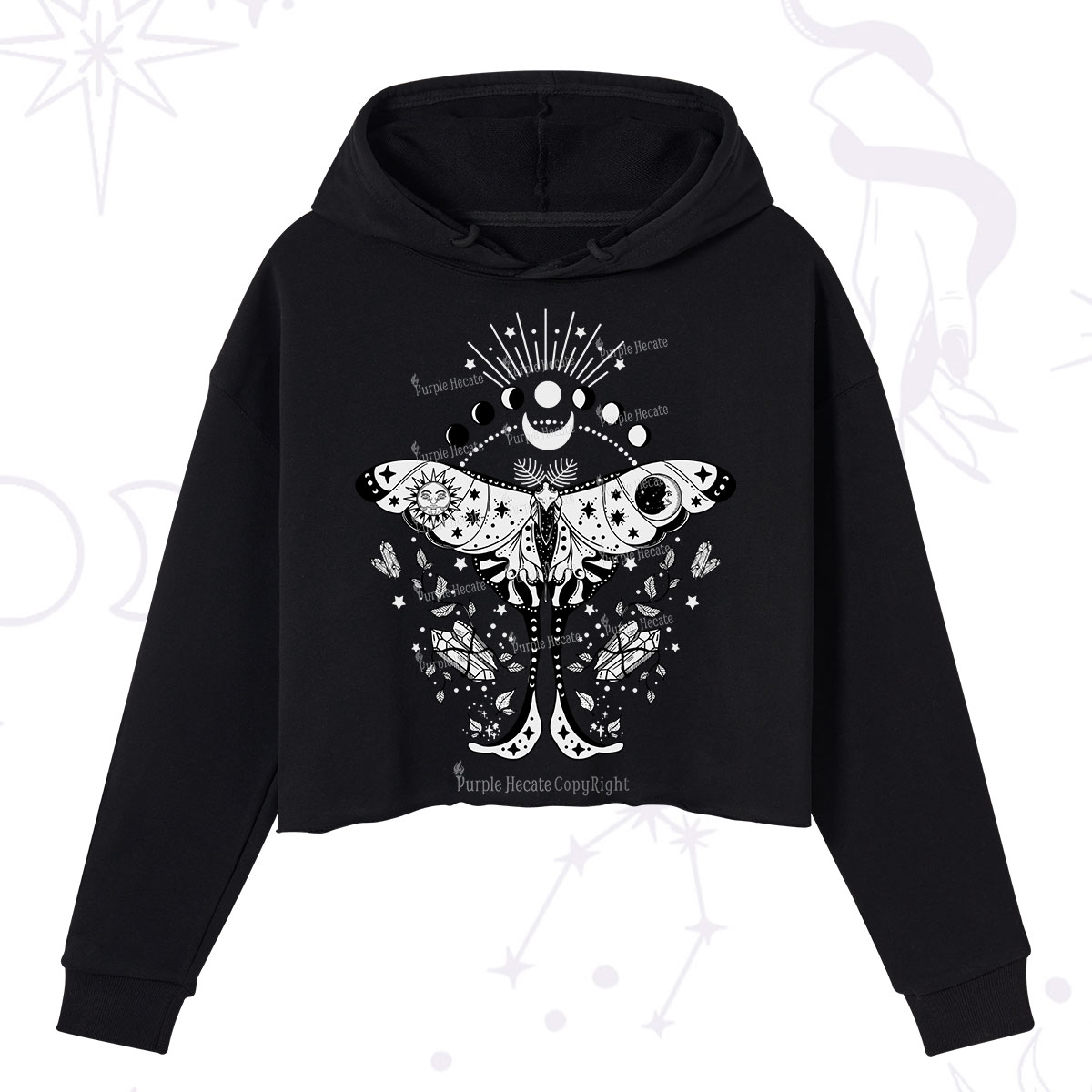 Purplehecate Moonlit Celestial Moth Crop Hoodie