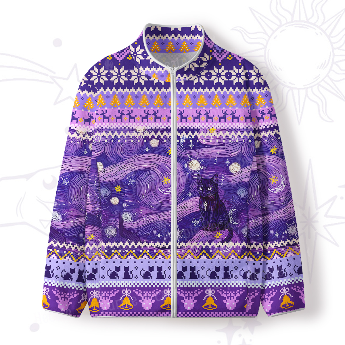 Purplehecate Mystic Cat Beneath the Cosmic Full Zip Fleece Jacket