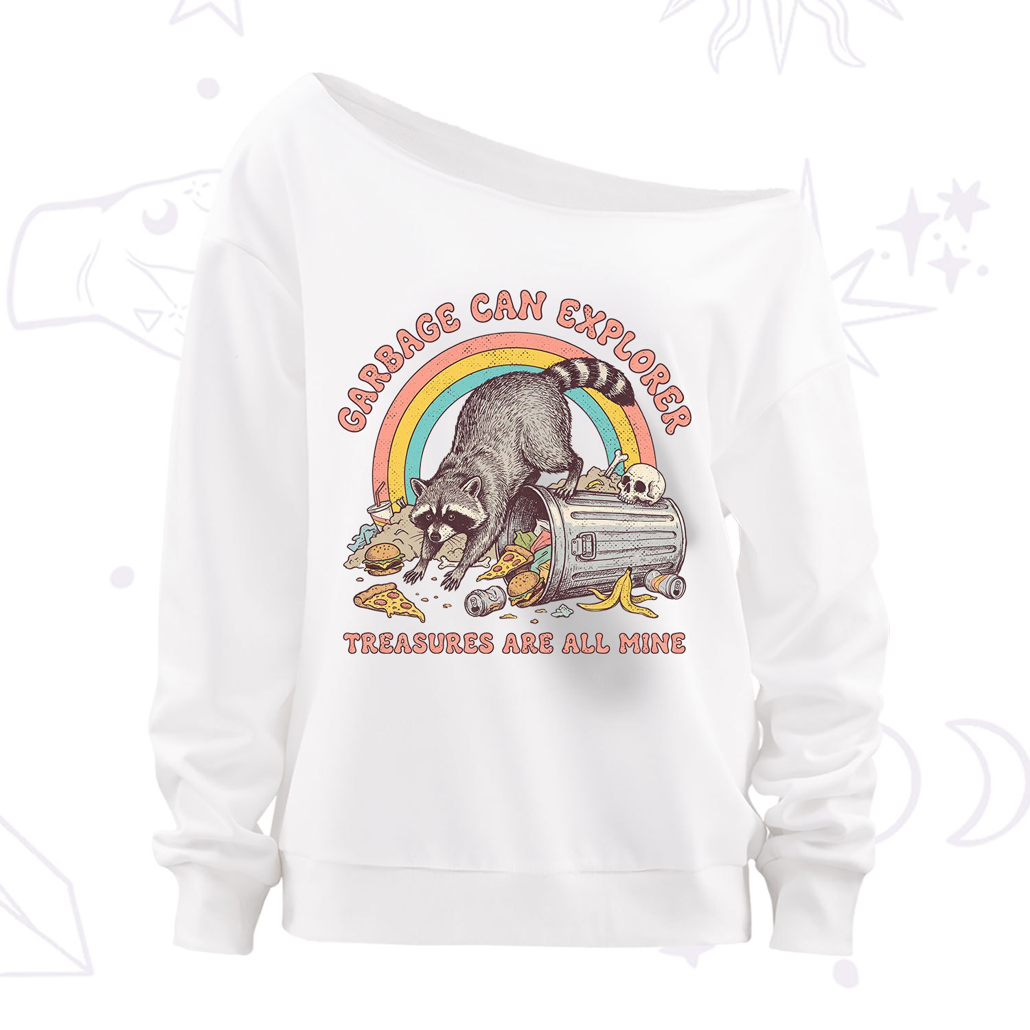 Purplehecate Garbage Can Explorer Raccoon Off The Shoulder Sweatshirt