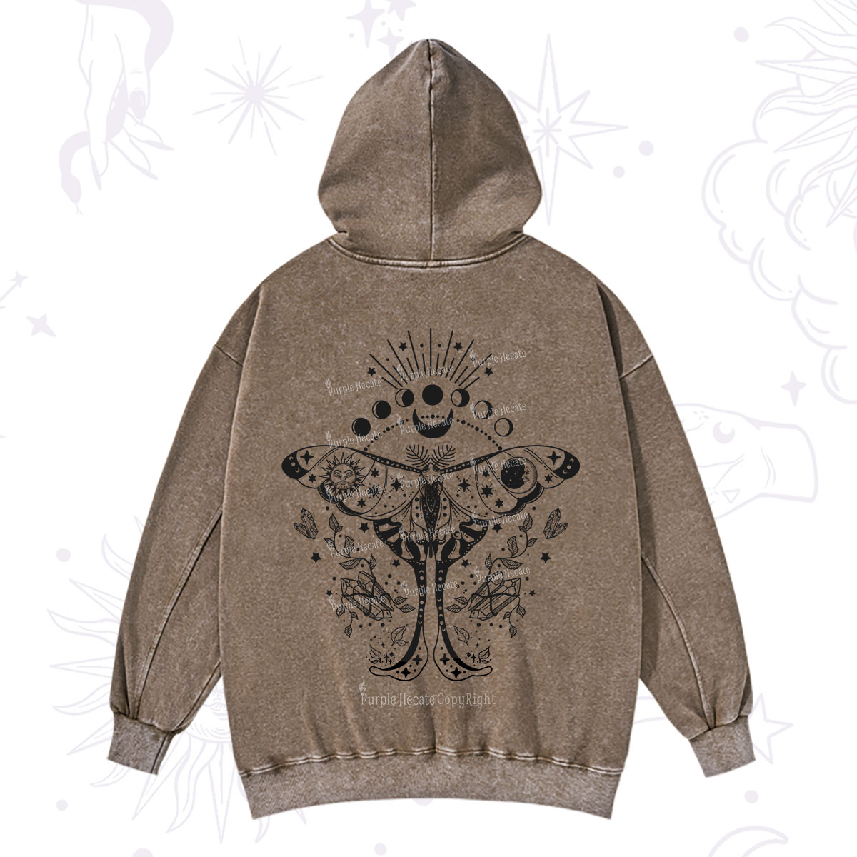 Purplehecate Moonlit Celestial Moth Washed Hoodie