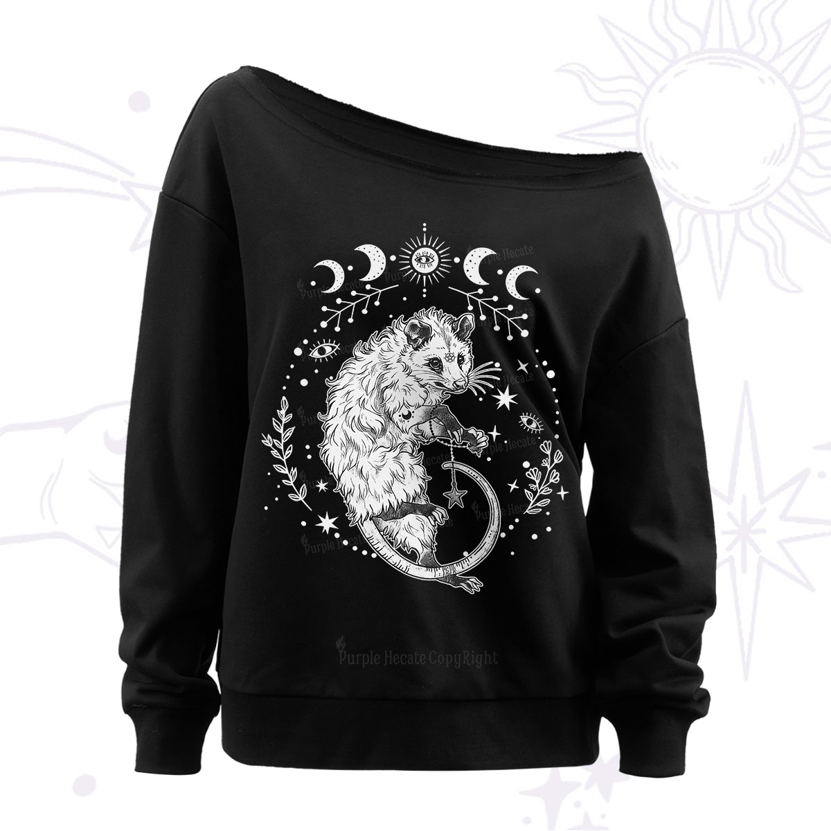 Purplehecate Lunar Magic Opossum Off The Shoulder Sweatshirt