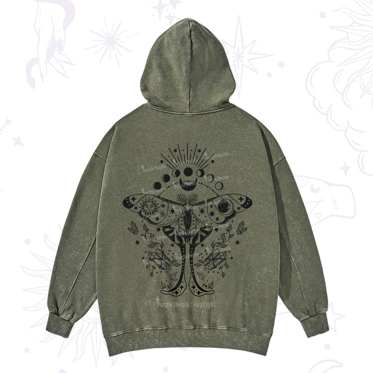 Purplehecate Moonlit Celestial Moth Washed Hoodie