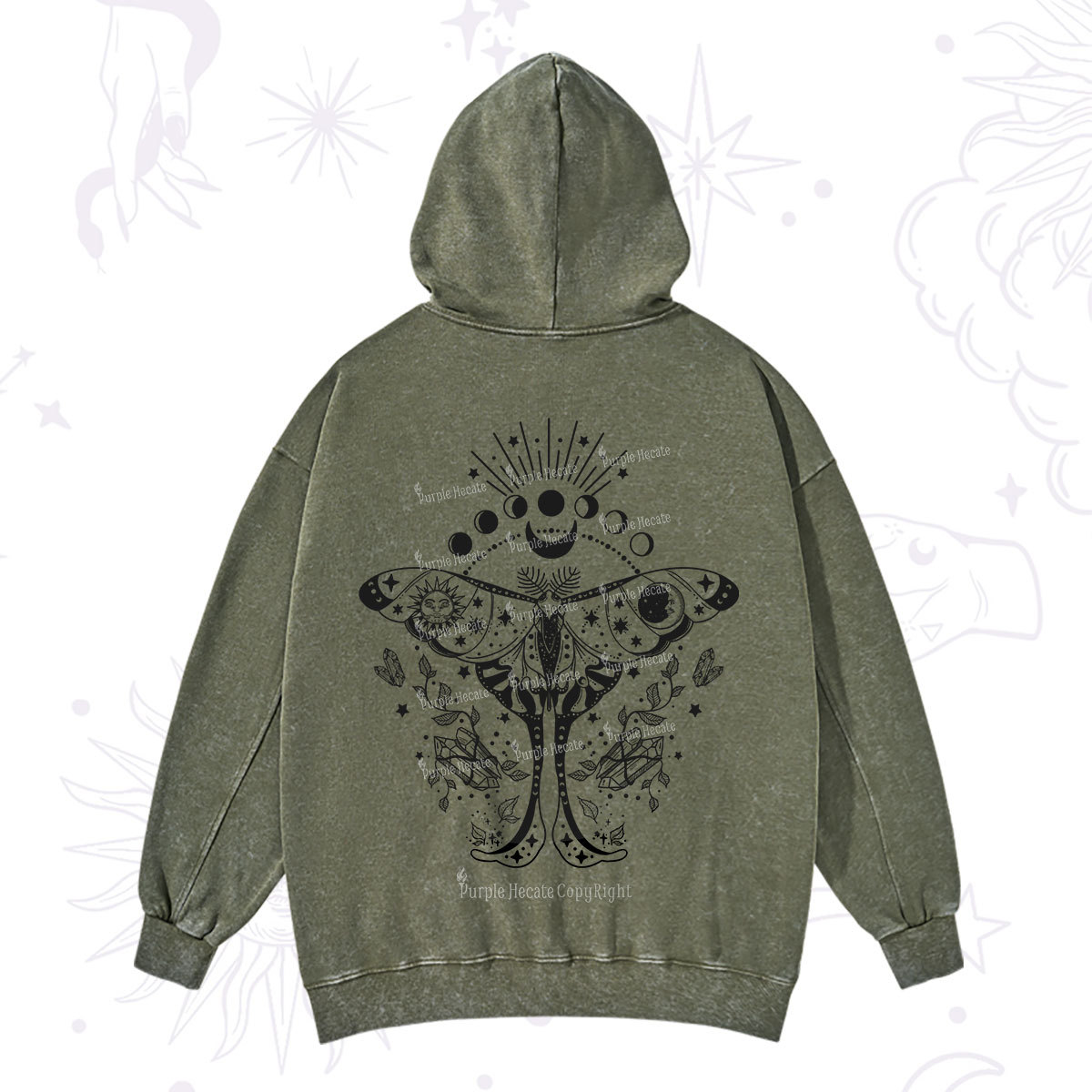 Purplehecate Moonlit Celestial Moth Washed Hoodie
