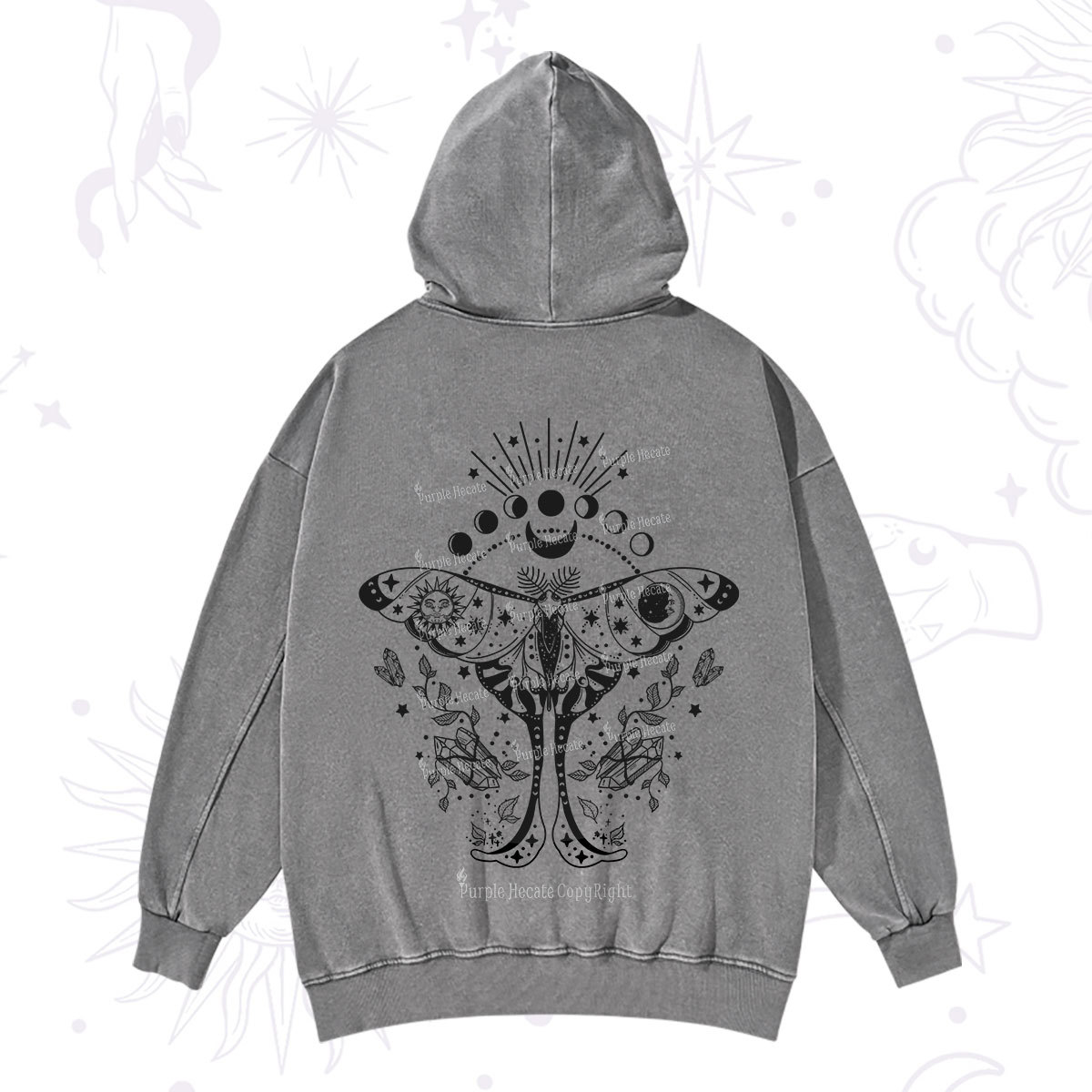 Purplehecate Moonlit Celestial Moth Washed Hoodie