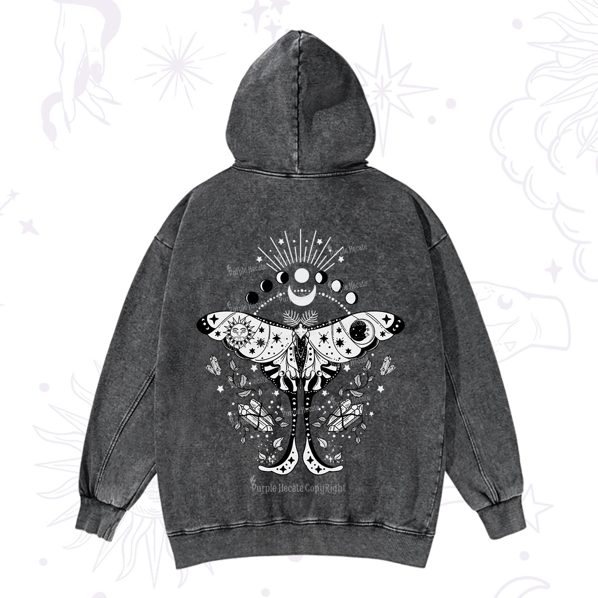 Purplehecate Moonlit Celestial Moth Washed Hoodie