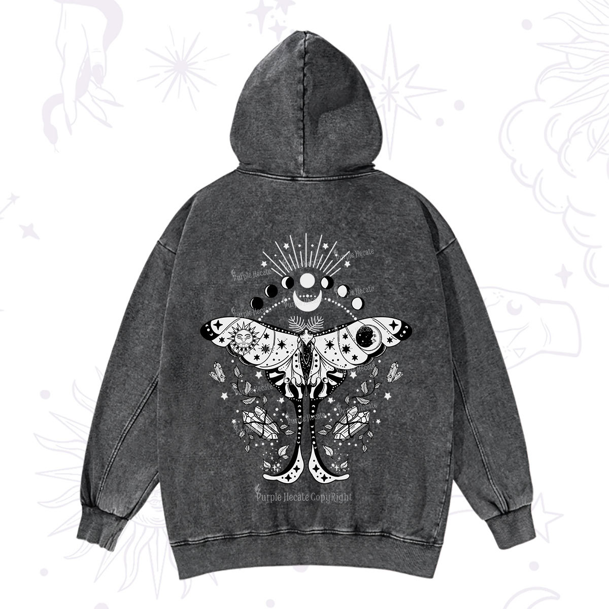 Purplehecate Moonlit Celestial Moth Washed Hoodie