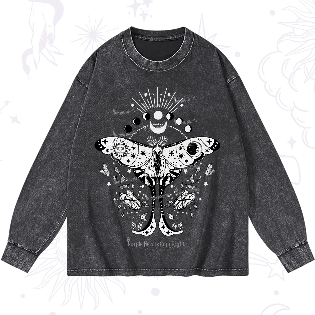 Purplehecate Moonlit Celestial Moth Washed Long Sleeve Shirt