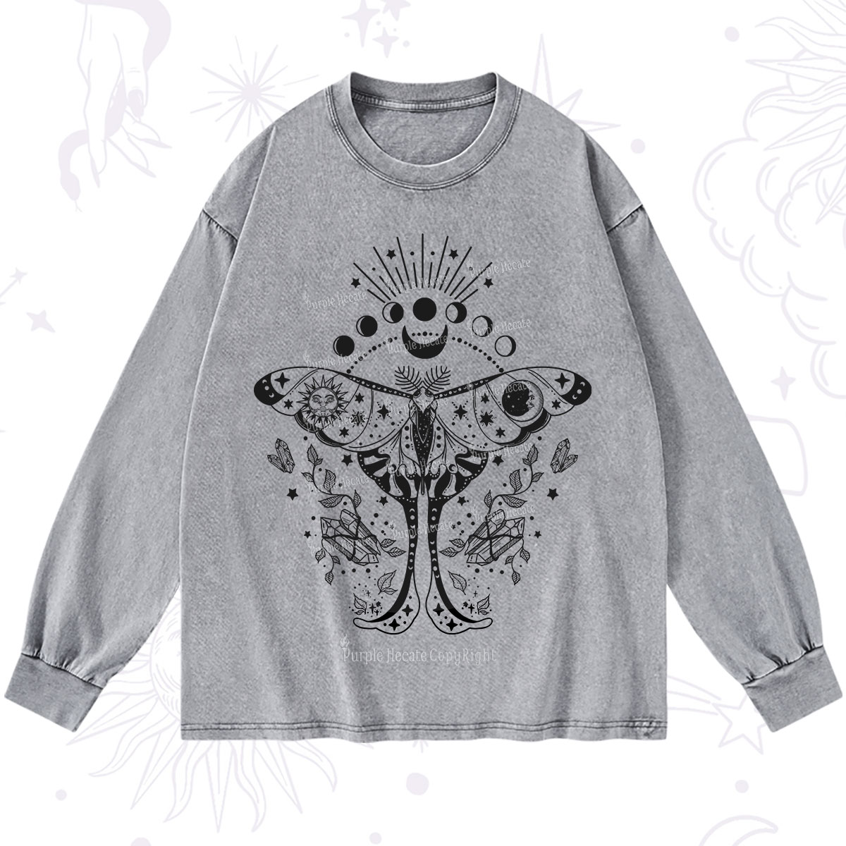 Purplehecate Moonlit Celestial Moth Washed Long Sleeve Shirt
