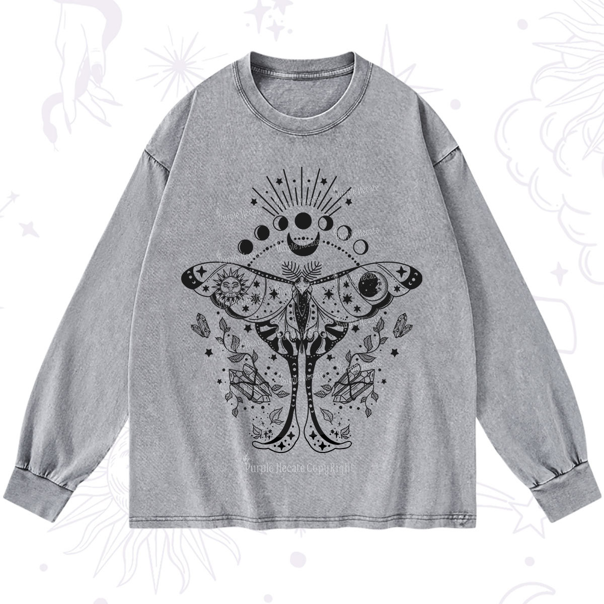Purplehecate Moonlit Celestial Moth Washed Long Sleeve Shirt