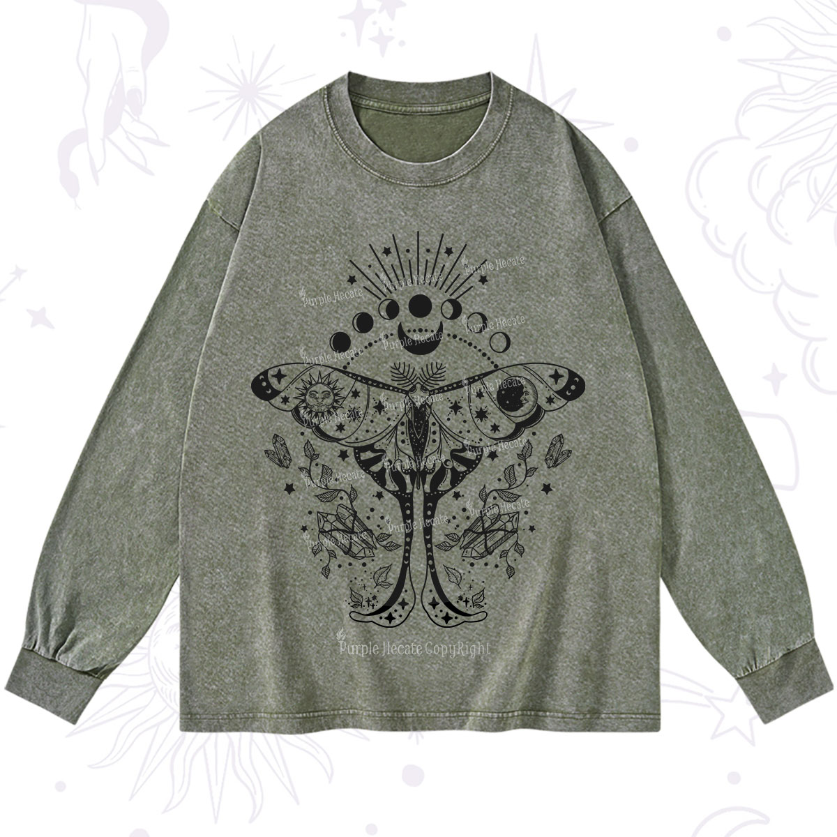 Purplehecate Moonlit Celestial Moth Washed Long Sleeve Shirt