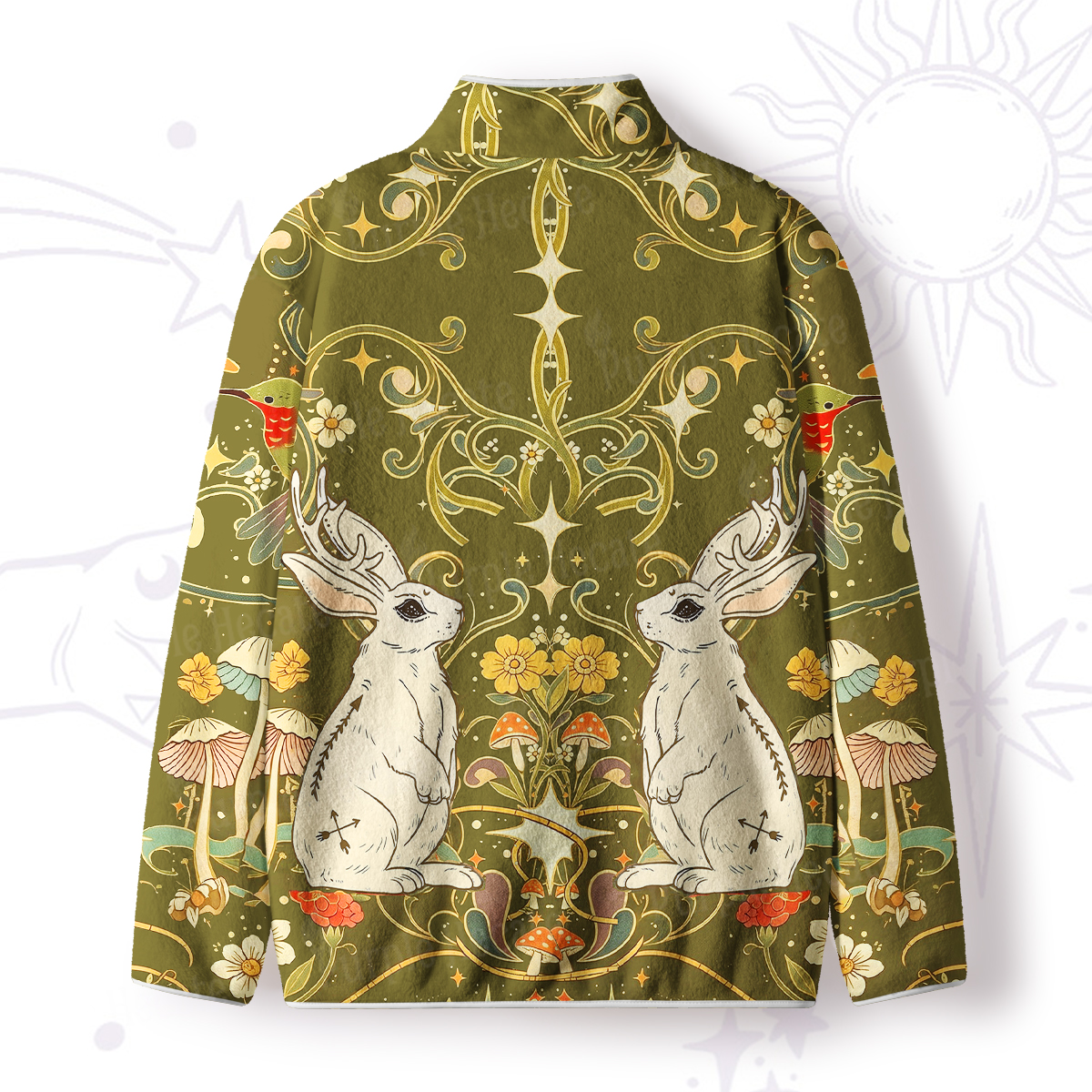 Purplehecate Antlered White Rabbit Secret Forest Zip Fleece Jacket