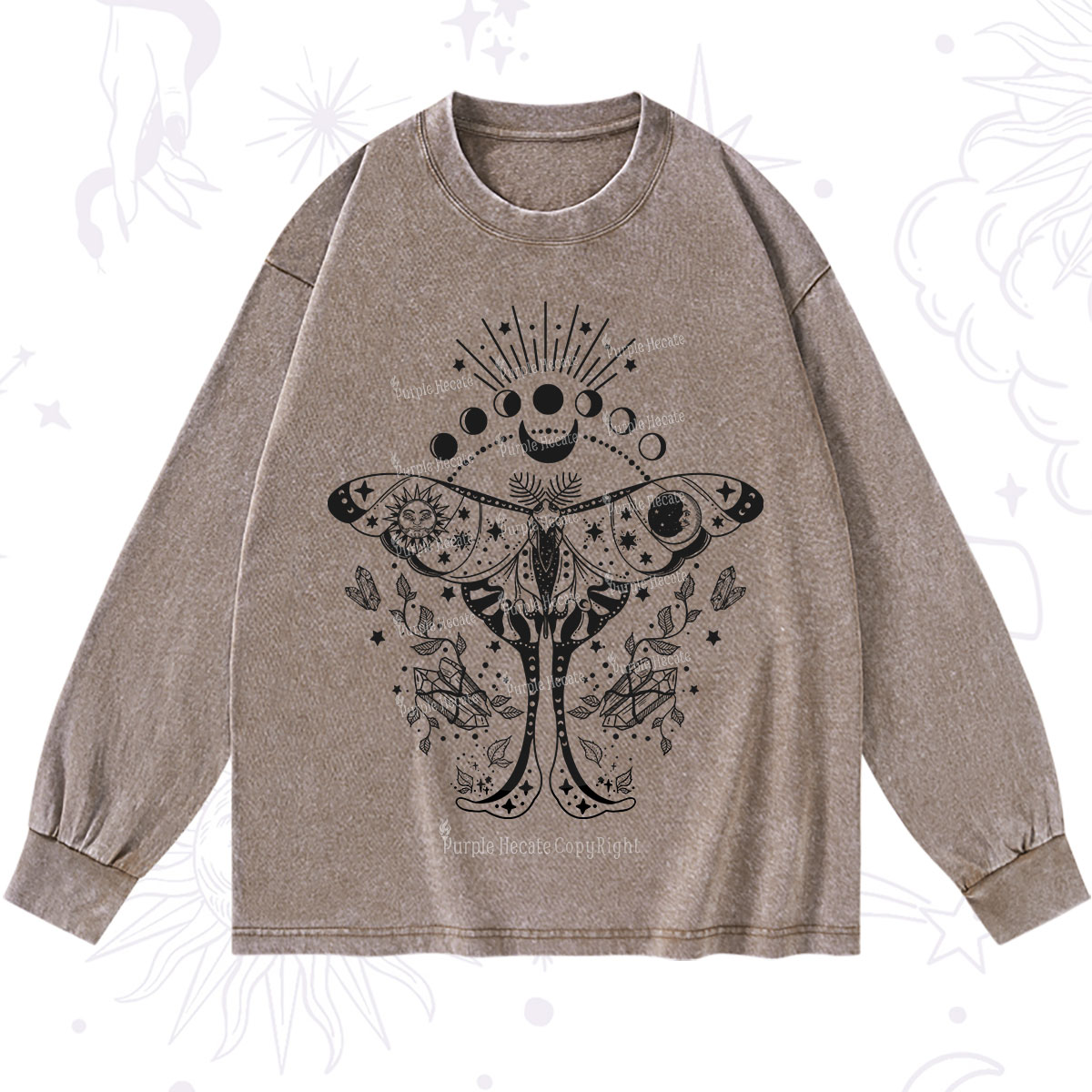 Purplehecate Moonlit Celestial Moth Washed Long Sleeve Shirt