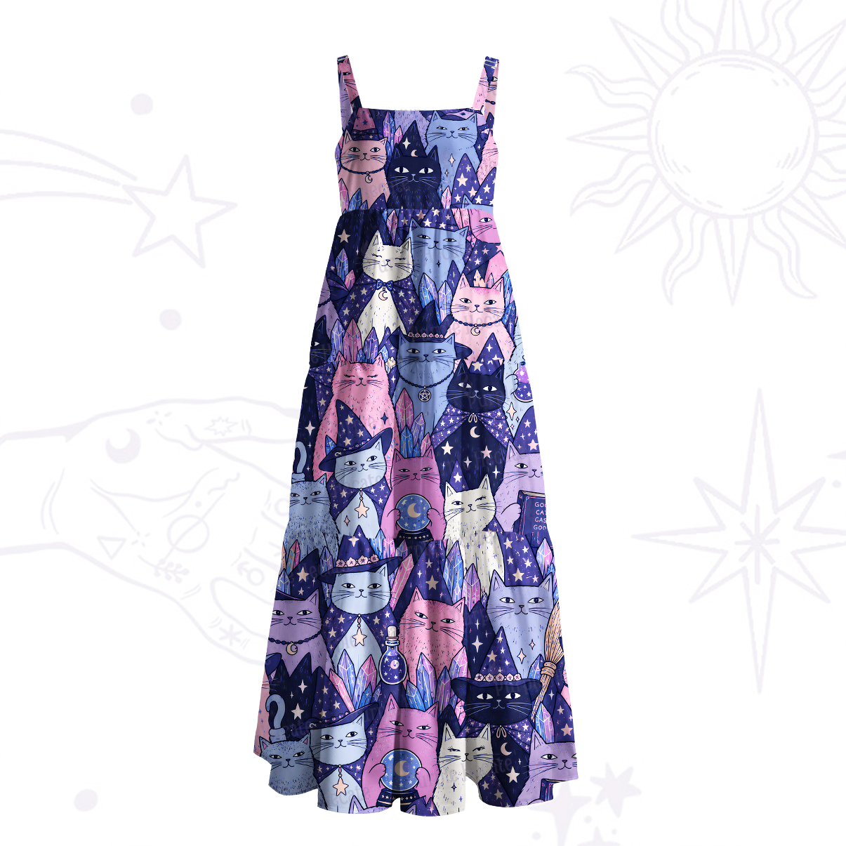 Purplehecate Wizard Kitten Divination Wide Straps Maxi Dress