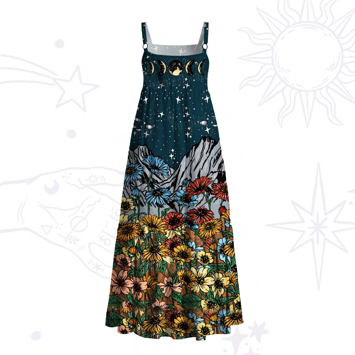 Purplehecate Moonlit Wildflower Mountain Wide Straps Maxi Dress