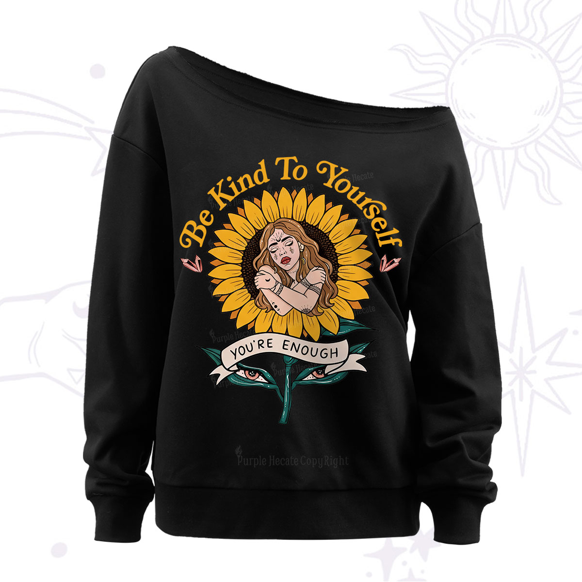 Purplehecate Be Kind To Yourself Off The Shoulder Sweatshirt