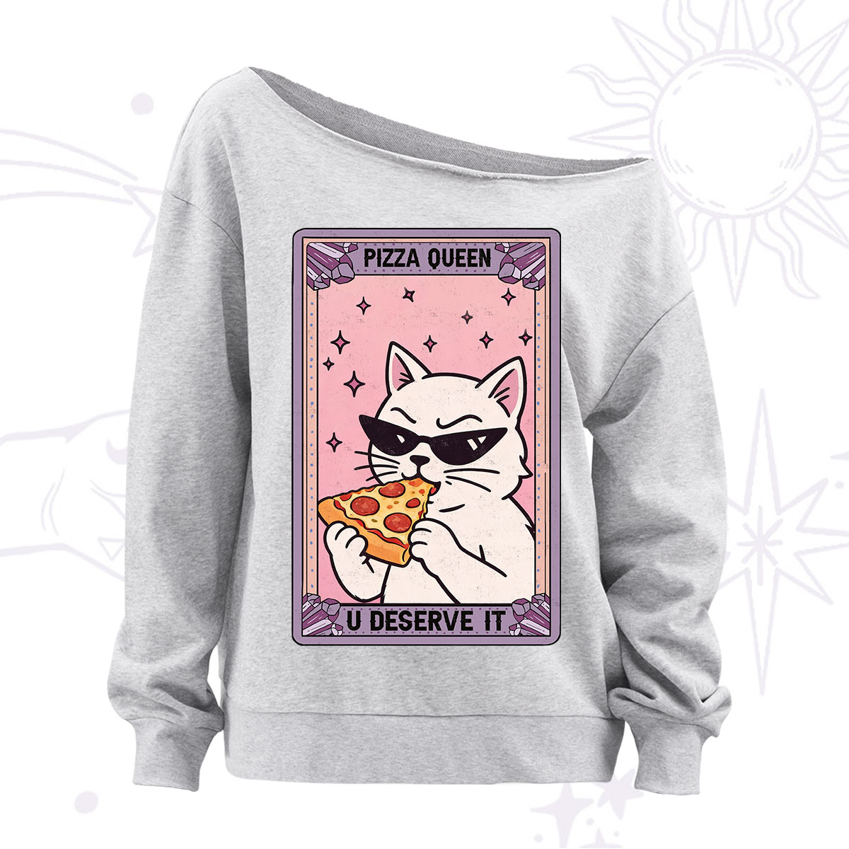 Purplehecate The Pizza Queen Cat Tarot Off The Shoulder Sweatshirt