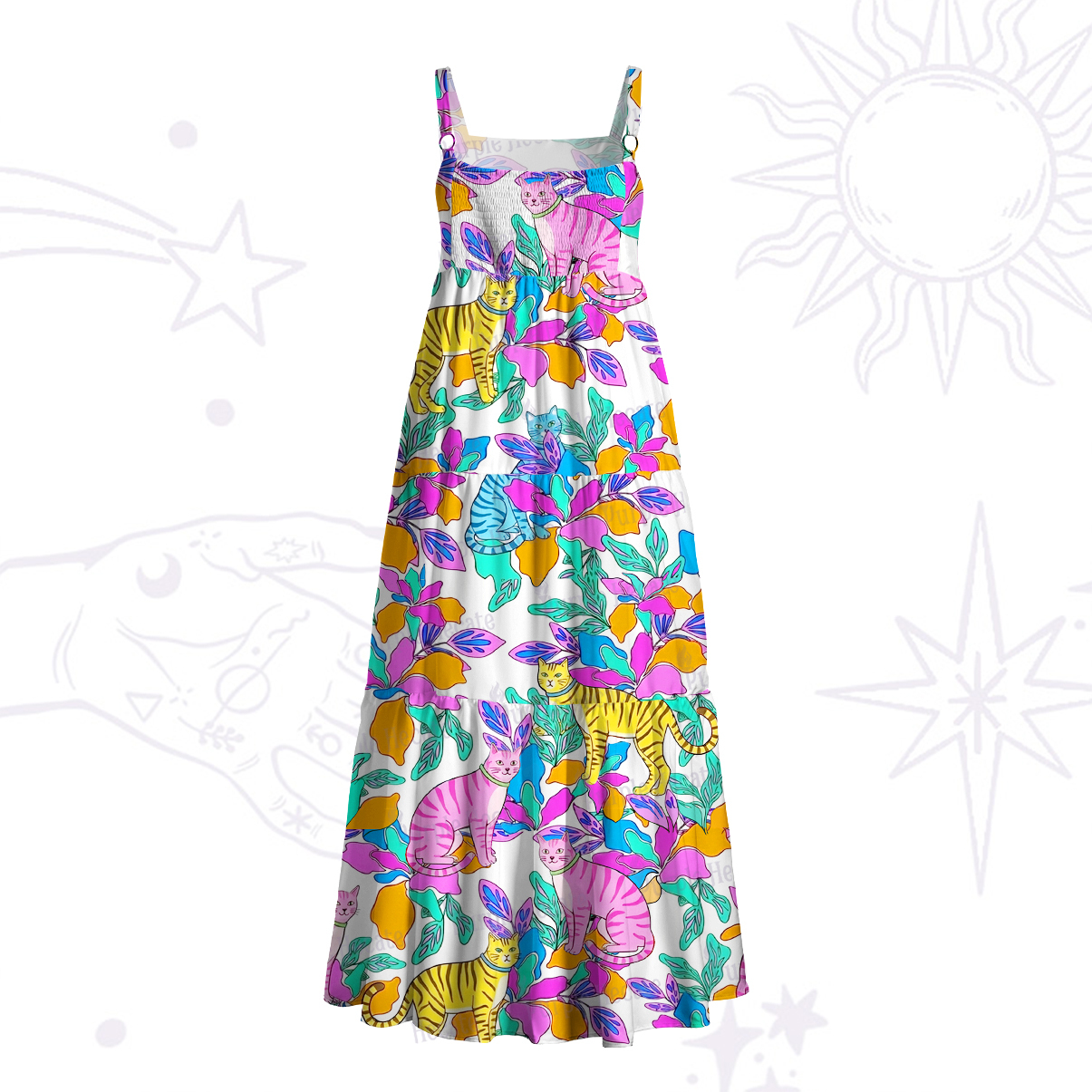 Purplehecate Colorful Cats Jungle Garden Wide Straps Maxi Dress