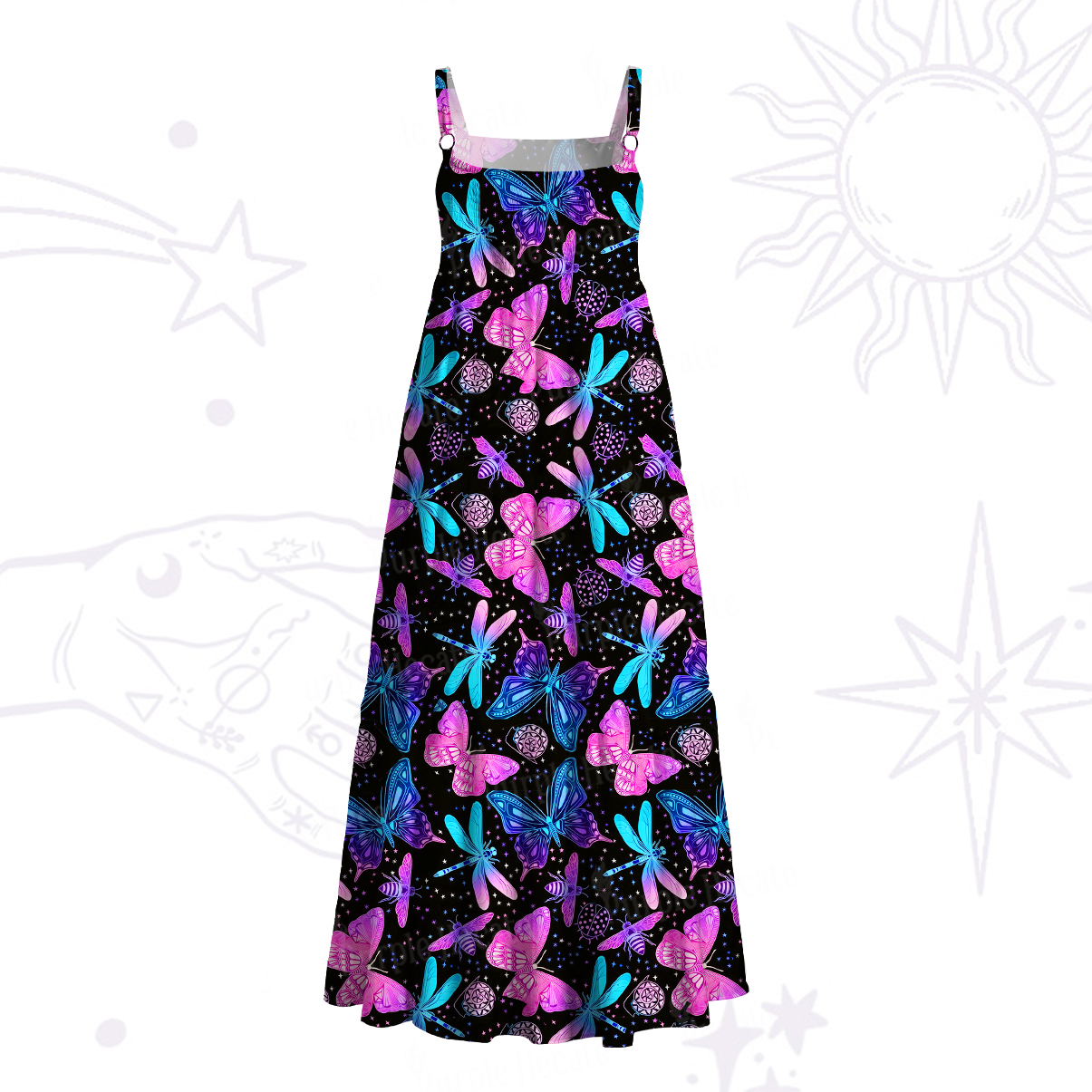 Purplehecate Neon Butterfly Dragonfly Wide Straps Maxi Dress