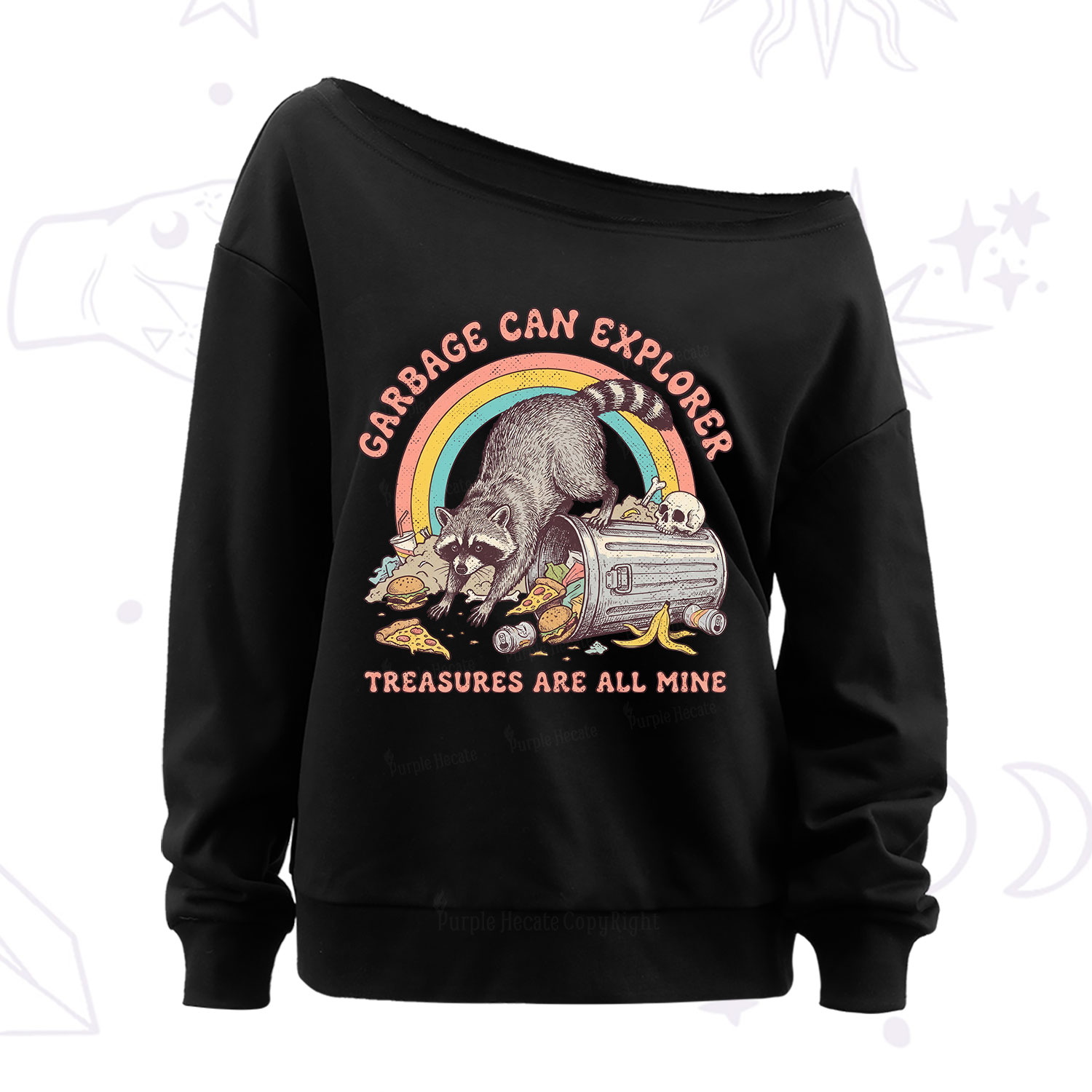 Purplehecate Garbage Can Explorer Raccoon Off The Shoulder Sweatshirt