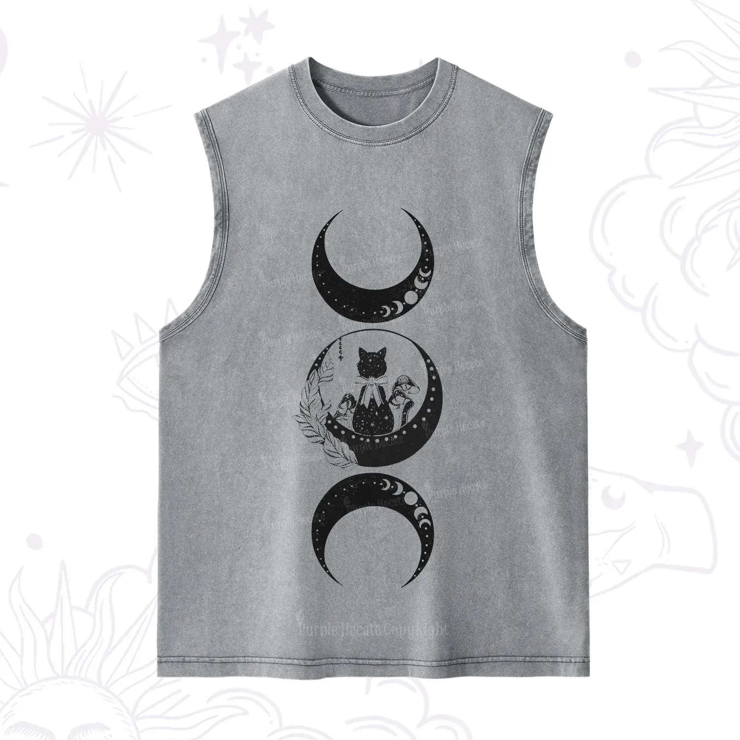 Purplehecate Cat And Moon Phases Washed Tank