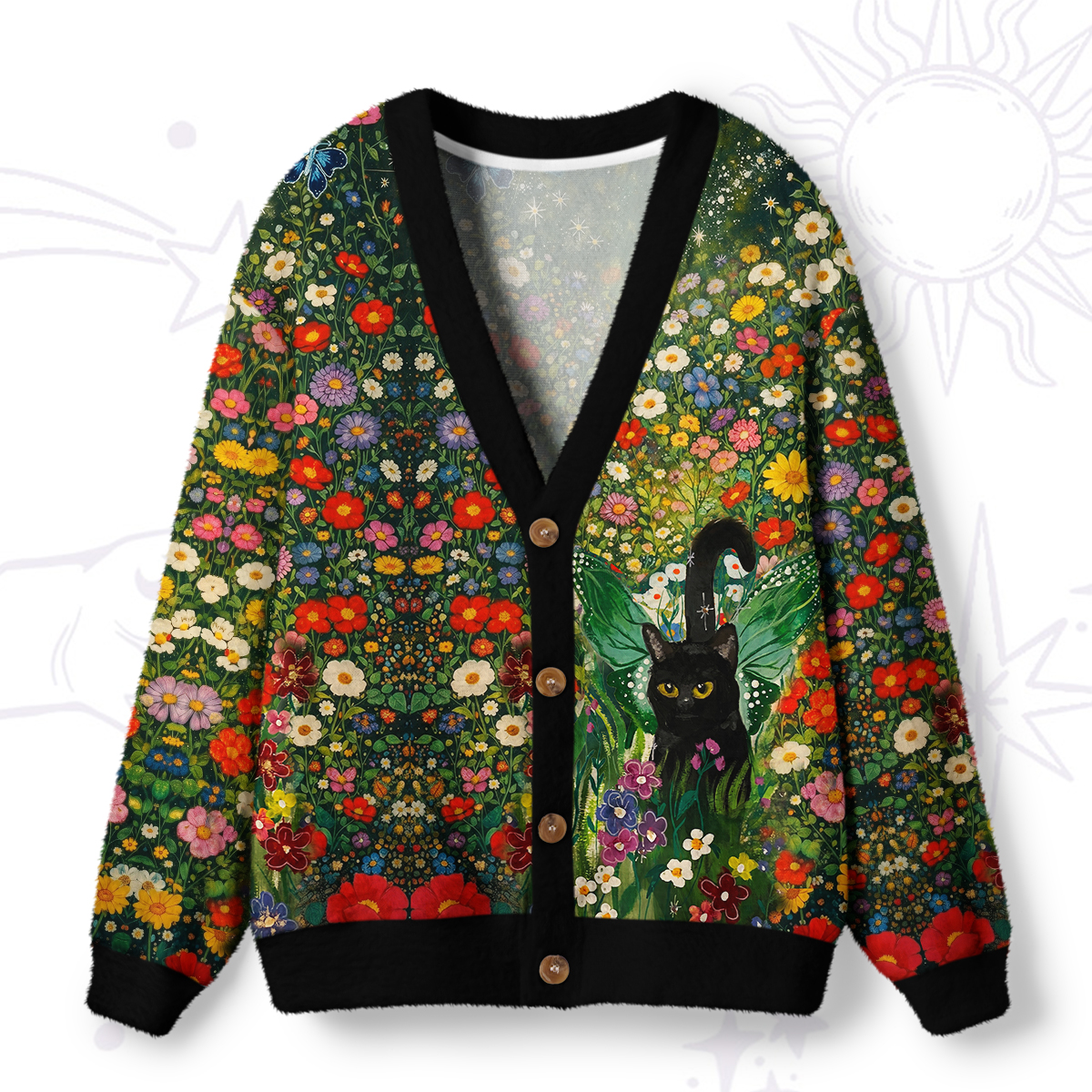 Purplehecate Magic Blooming Forest Black Cat Ugly Cardigan Sweaters