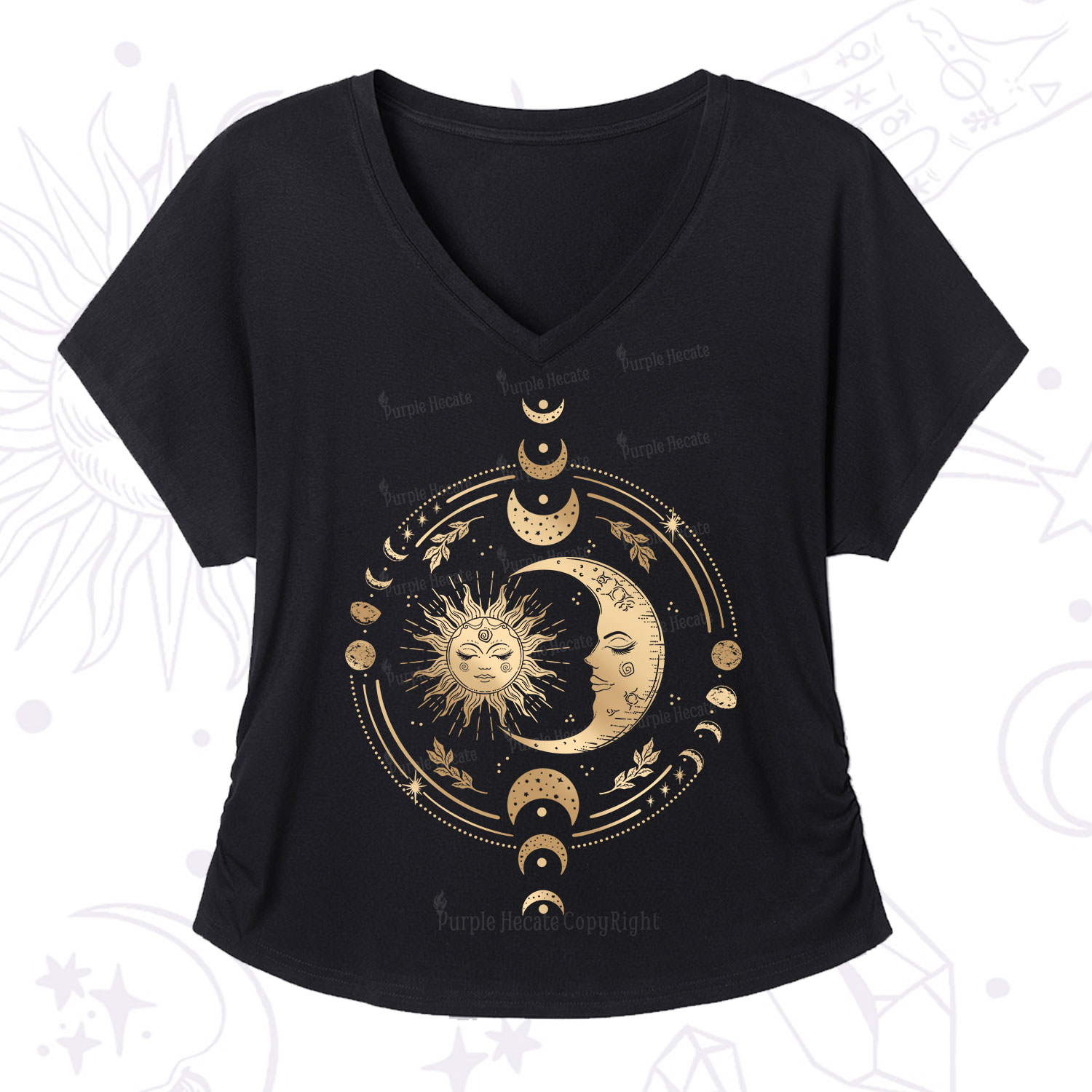 Purplehecate Celestial Sun and Moon V-Neck T-Shirt