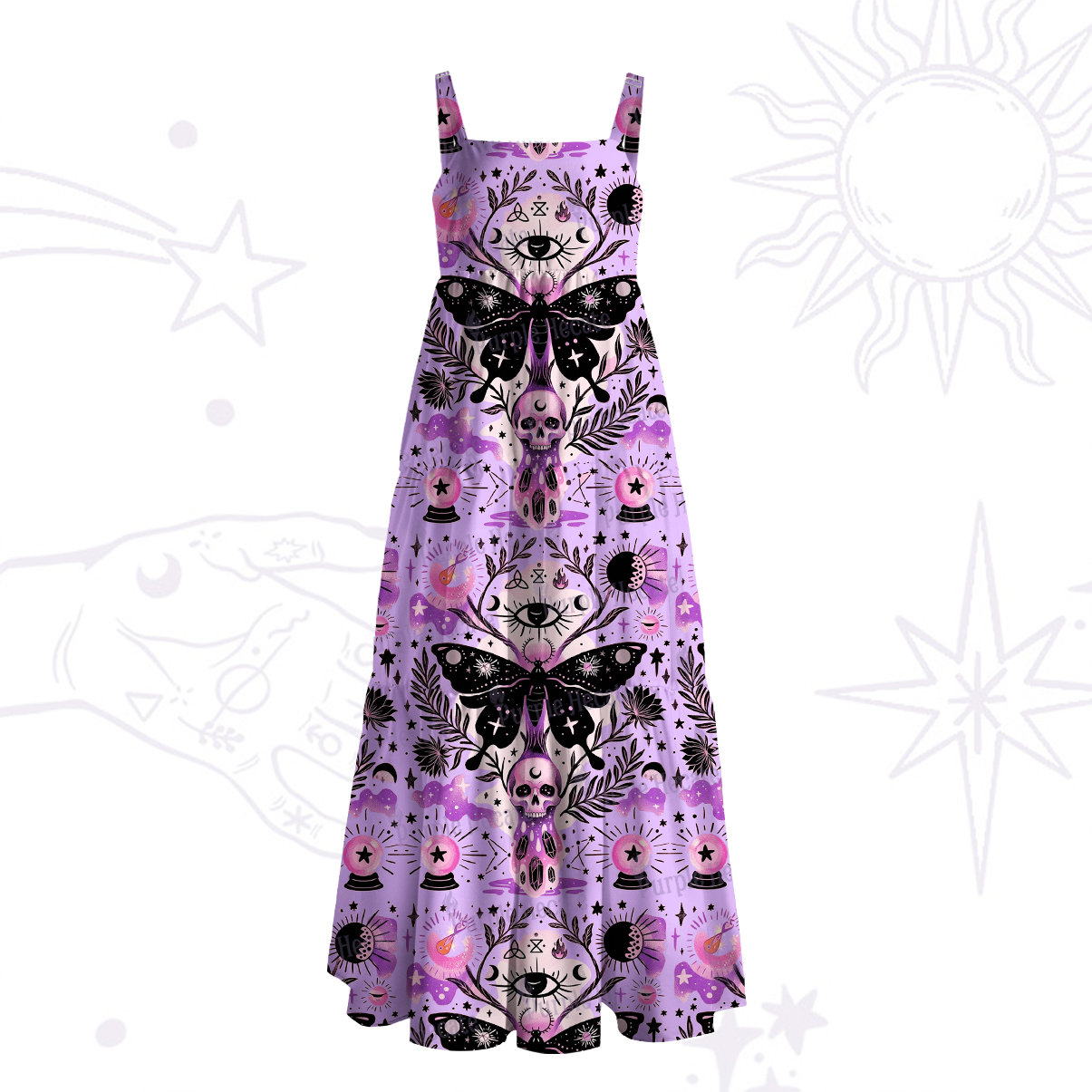 Purplehecate Whispers of the Death's-head Mot Wide Straps Maxi Dress