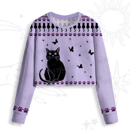 Purplehecate Midnight Pawprints Black Cat Crop Fuzzy Ugly Sweatshirt