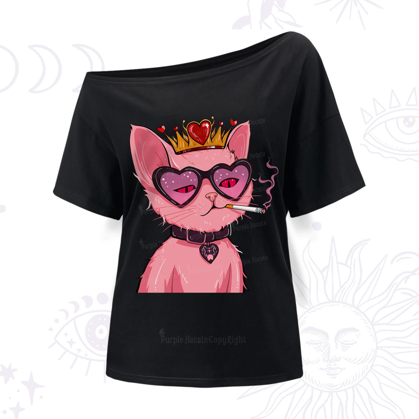 Purplehecate Bad Attitude Pink Cat Smoking Queen One Shoulder T-Shir