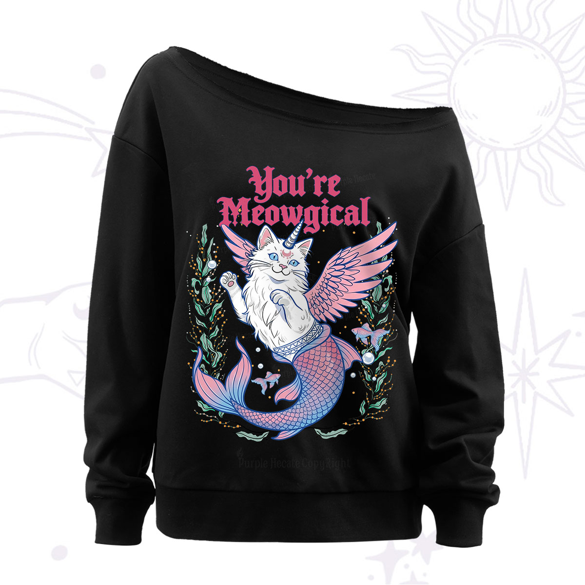 Purplehecate You're Meowgical Off The Shoulder Sweatshirt
