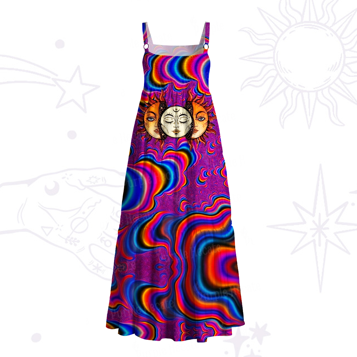 Purplehecate Psychedelic Sun and Moon Wide Straps Maxi Dress