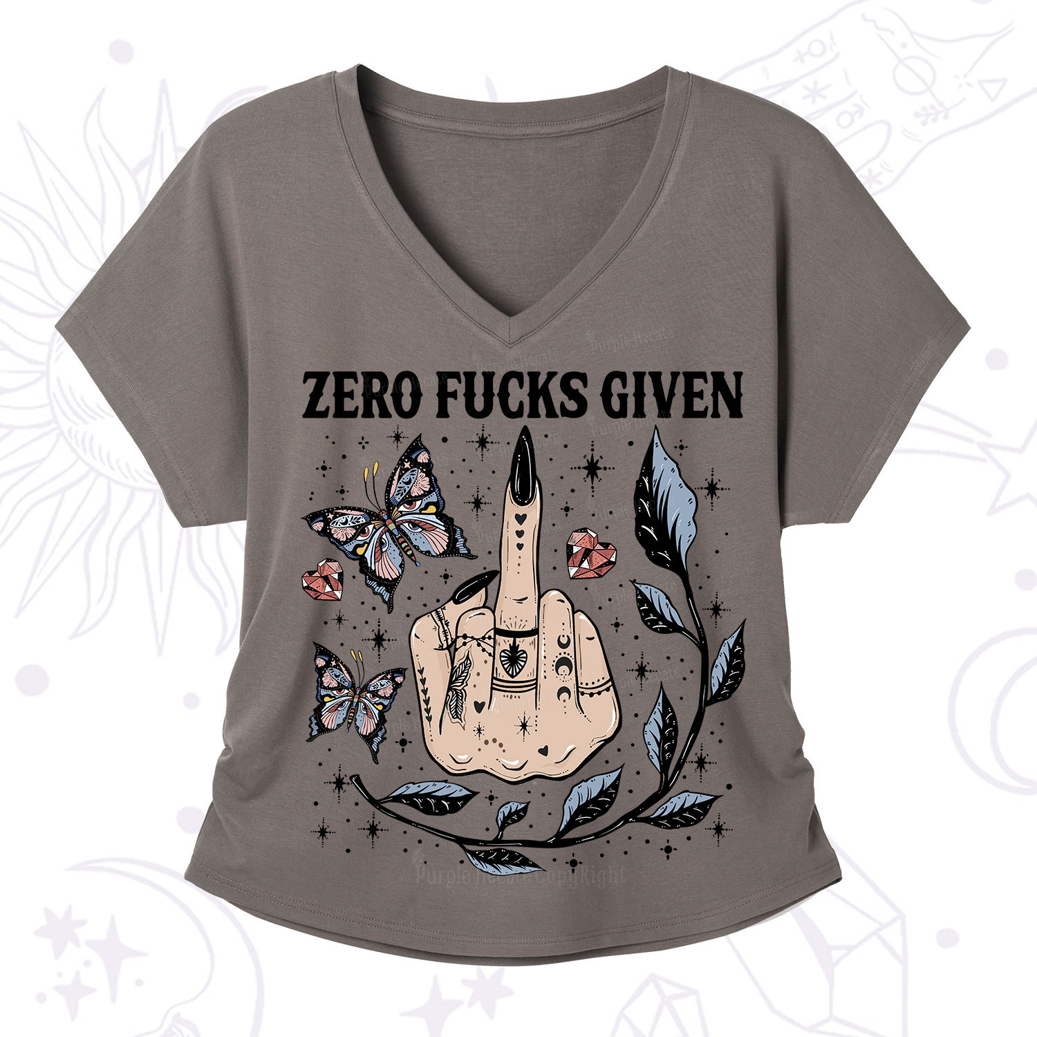 Purplehecate Zero Fucks Given V-Neck T-Shirt