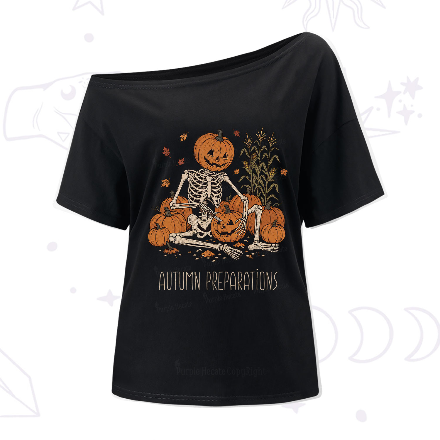 Purplehecate Autumn Preparations Pumpkin Skeleton One Shoulder T-Shirt
