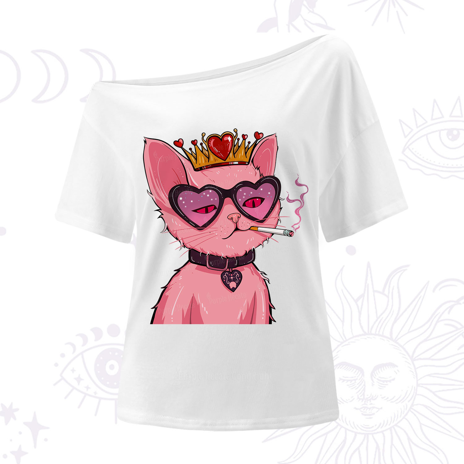 Purplehecate Bad Attitude Pink Cat Smoking Queen One Shoulder T-Shirt