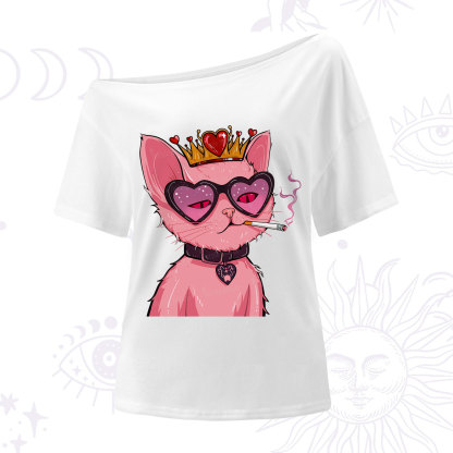 Purplehecate Bad Attitude Pink Cat Smoking Queen One Shoulder T-Shirt