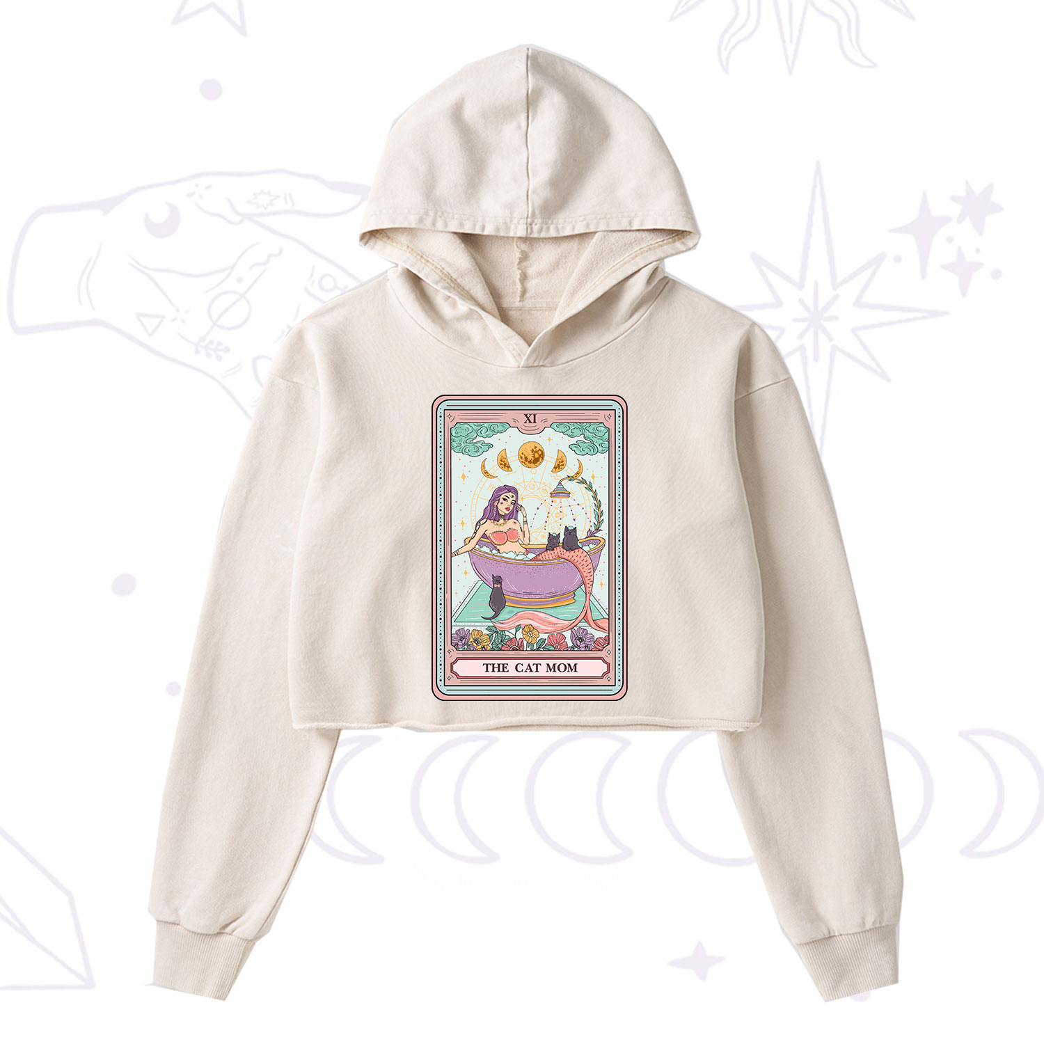 Purplehecate The Cat Mermaid Mom Tarot Card Washed Cropped Hoodie