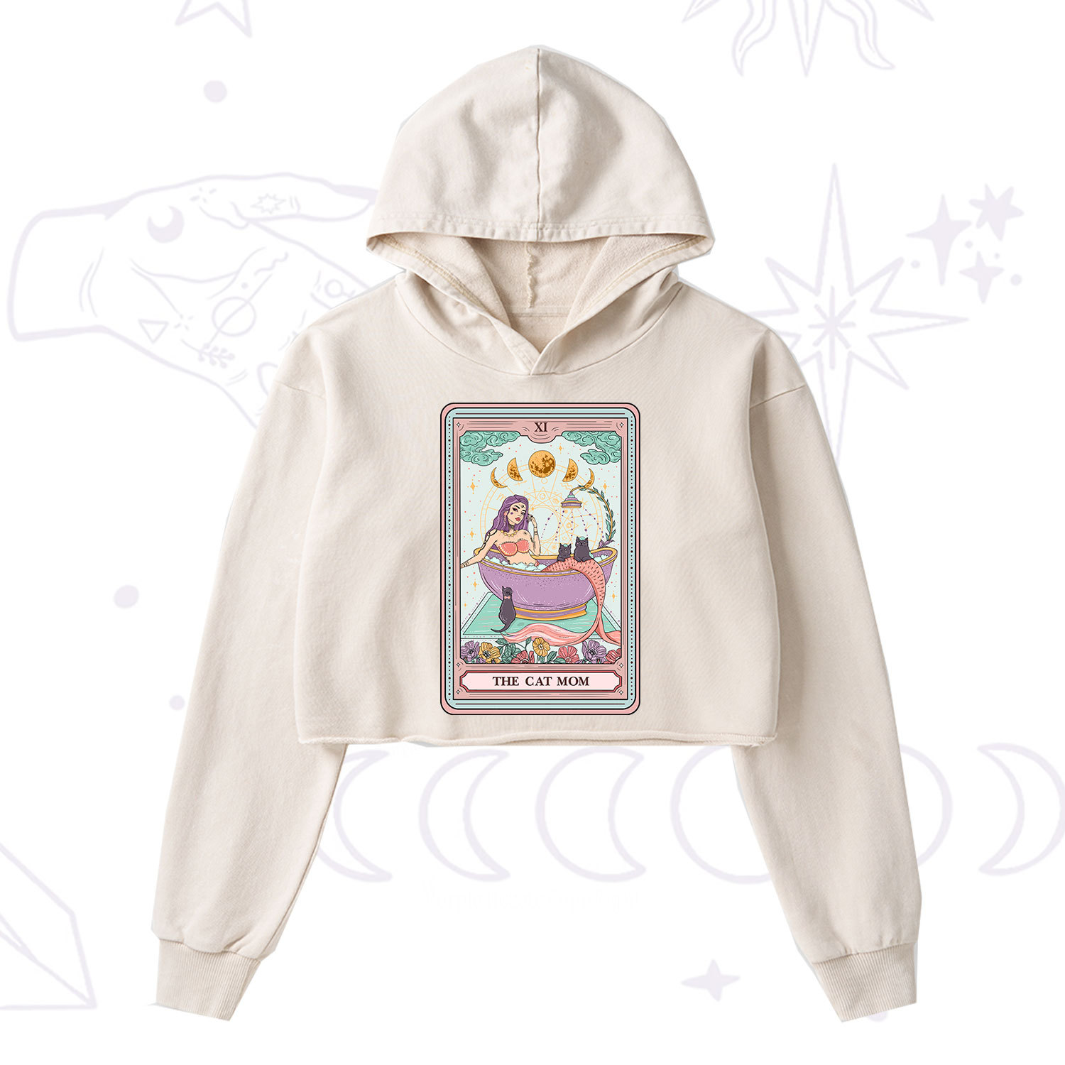 Purplehecate The Cat Mermaid Mom Tarot Card Washed Cropped Hoodie