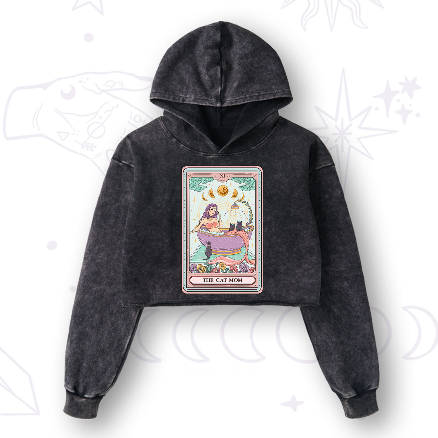 Purplehecate The Cat Mermaid Mom Tarot Card Washed Cropped Hoodie