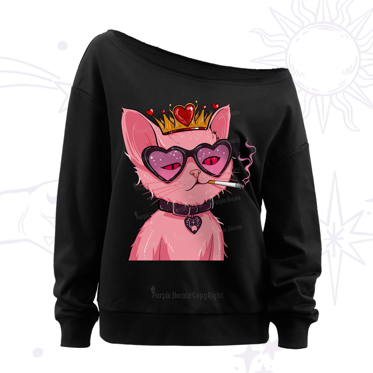 Purplehecate Bad Attitude Pink Cat Smoking Queen Off The Shoulder Sweat
