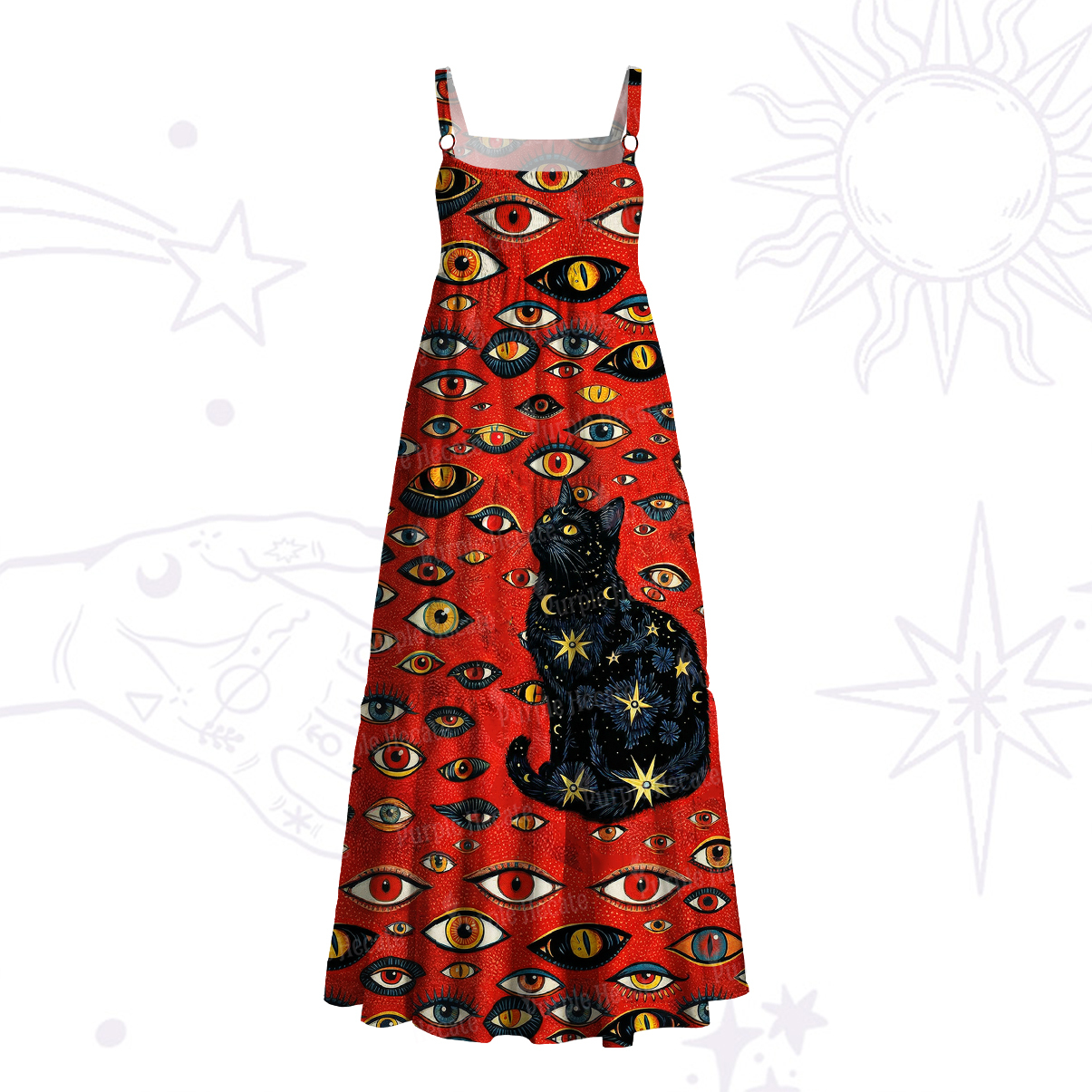 Purplehecate Cosmic Watcher Cat Wide Straps Maxi Dress