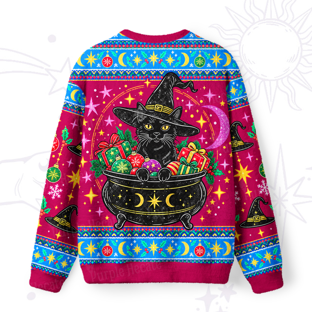 Purplehecate Black Cat Witch Christmas Cauldron Fuzzy Ugly Sweatshirt