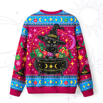Purplehecate Black Cat Witch Christmas Cauldron Fuzzy Ugly Sweatshirt