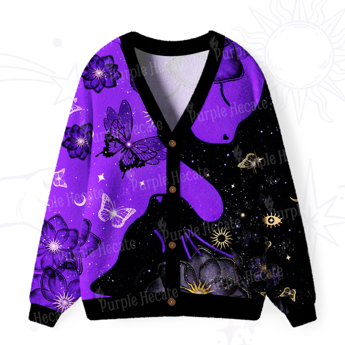 Purplehecate Starlit Cats & Butterflies Ugly Cardigan Sweaters
