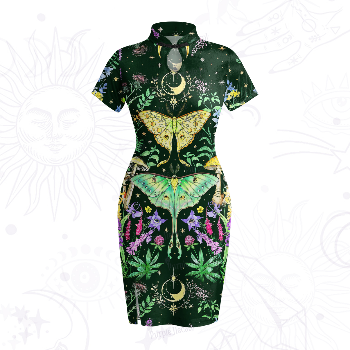Purplehecate Mystic Lunar Moth Herbal Forest Velvet Bodycon Dress
