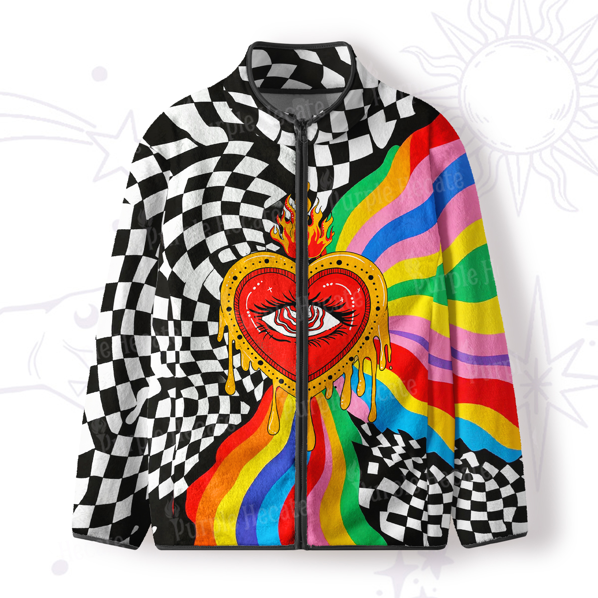 Purplehecate Trippy Rainbow Heart Eye Full Zip Fleece Jacket
