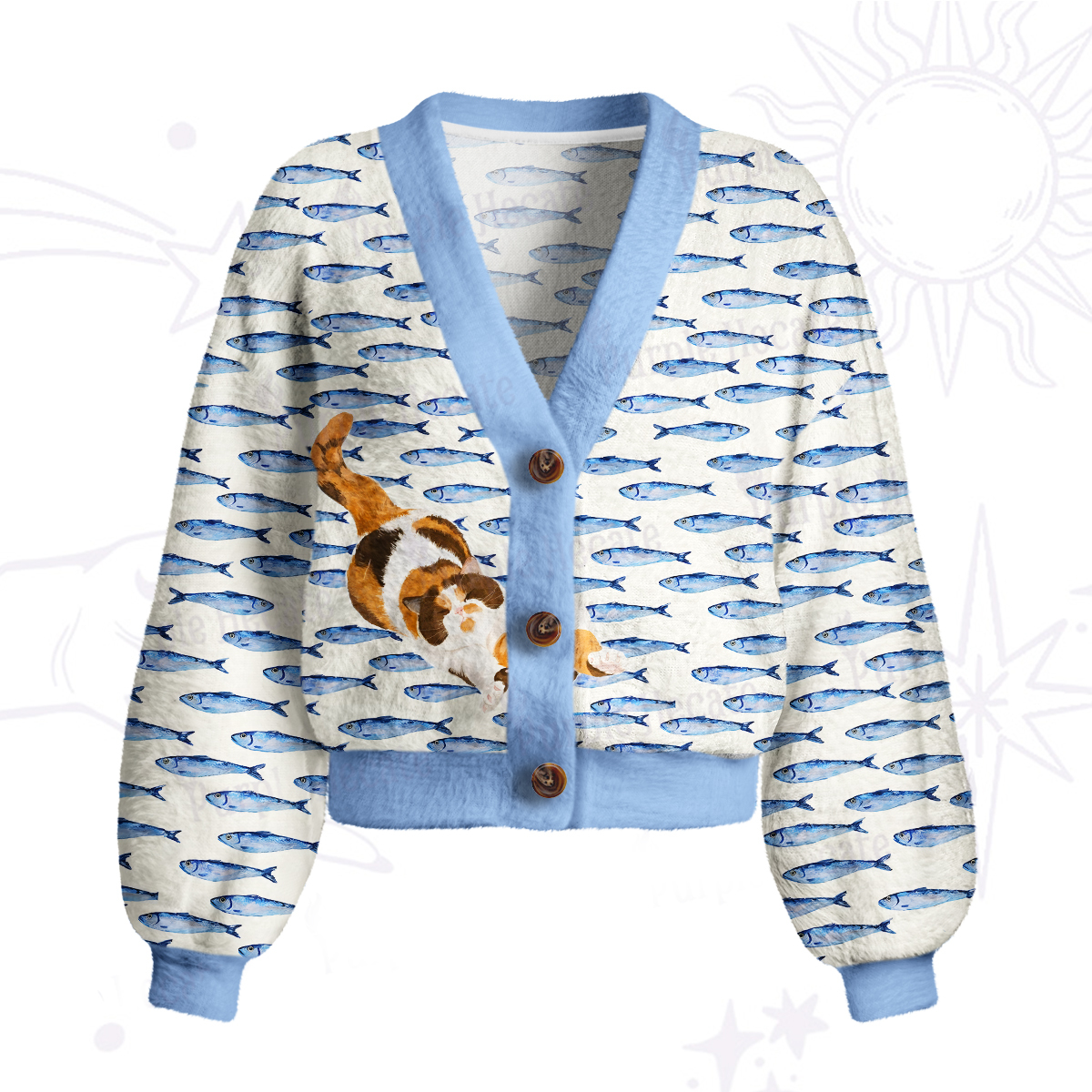 Purplehecate Cat Chasing Fish Cardigan Sweaters