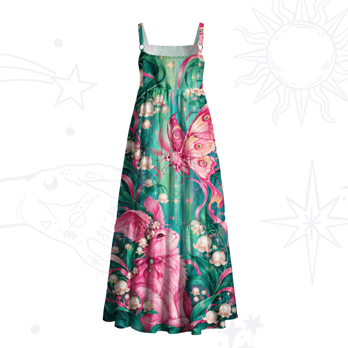 Purplehecate Dreamy Rabbit & Butterfly Fantasy Wide Straps Maxi Dress