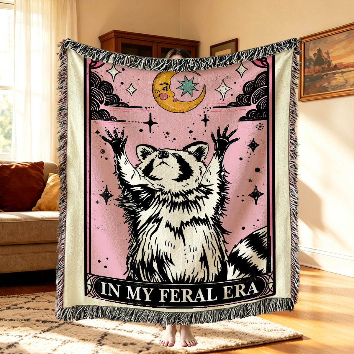 Purplehecate The In My Feral Era Tarot Raccoon Woven Tapestry Blanket