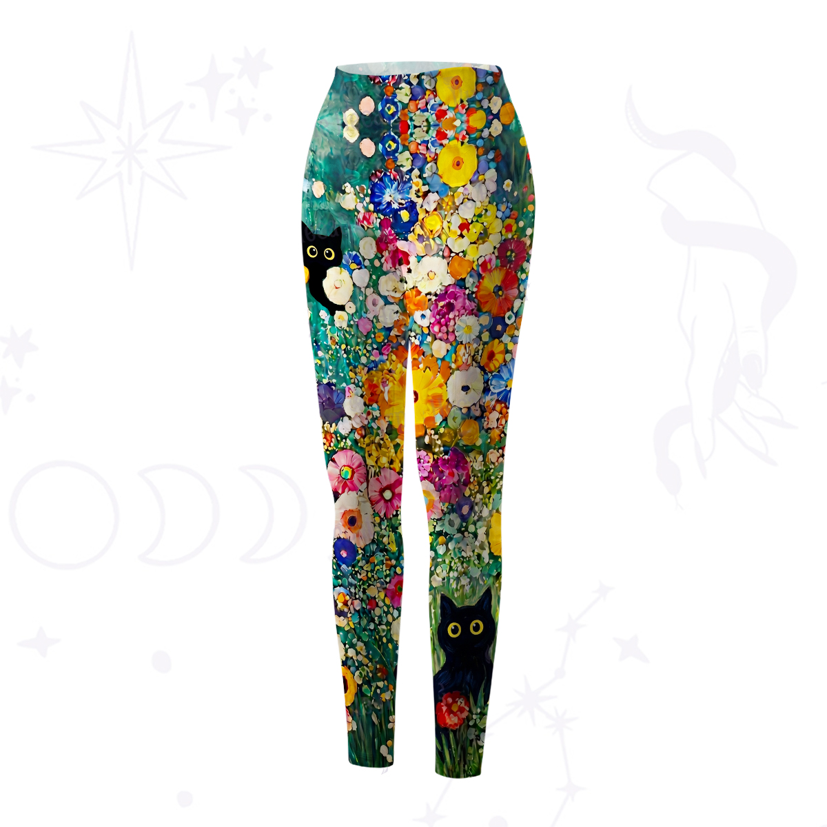 Purplehecate Fluffy Black Cat in Colorful Flower Field Yoga Pants